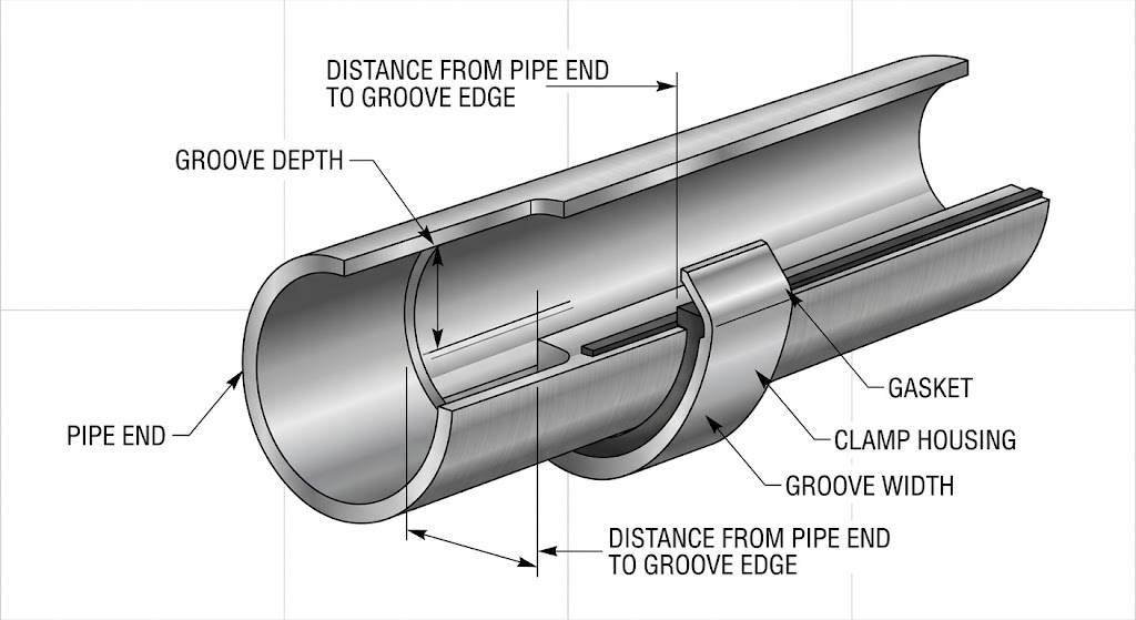 Stainless Steel Clamp Pipe Cut Standards: Pipe Dimensions and Installation Guide 1 Diagram of Stainless Steel Clamp Pipe Cut Standards and Grooved Pipe Assembly