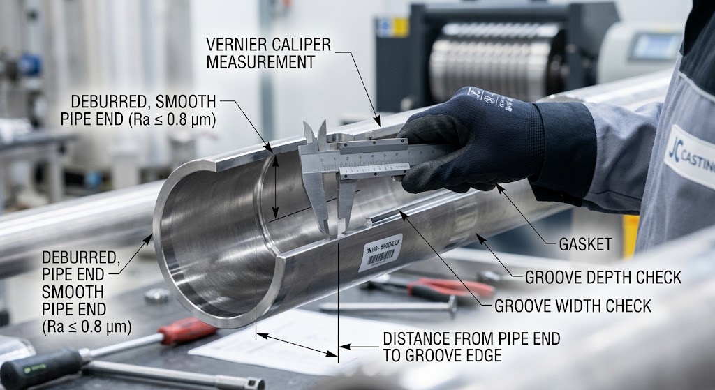 Stainless Steel Clamp Pipe Cut Standards: Pipe Dimensions and Installation Guide 2 Quality Inspection of Pipe Groove Dimensions and Edge Finishing Using a Vernier Caliper