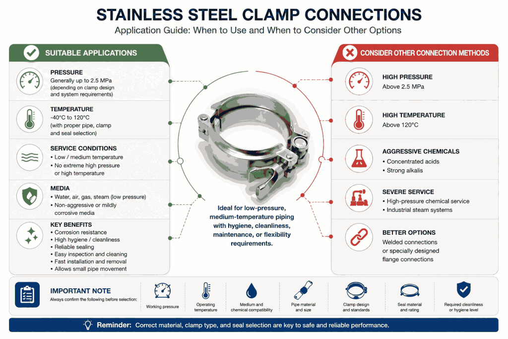 What Special Environments and Industries Are Stainless Steel Clamp Connections Suitable For? 2 Stainless Steel Clamp Connections application limits for pressure, temperature, and chemical service