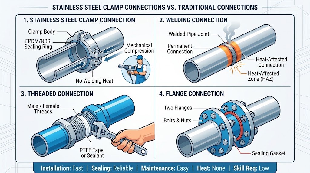 Stainless Steel Clamp Connections vs. Traditional Connections: Pros and Cons 1 Stainless Steel Clamp Connections vs. Traditional Connections